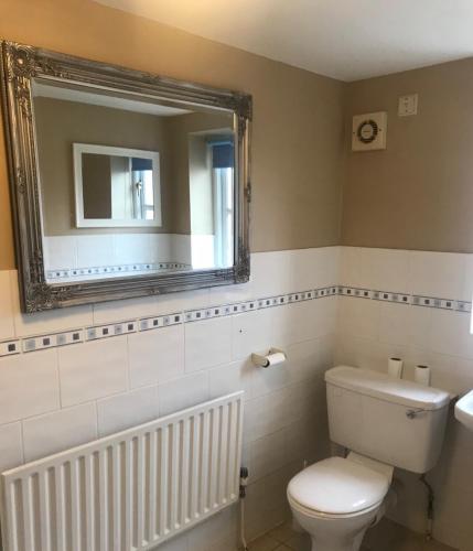 a bathroom with a white toilet and a mirror at 18th Century Character apartment. in Ipswich