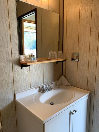 a bathroom with a sink and a mirror at Green View Motel and RV Park in Greenwood