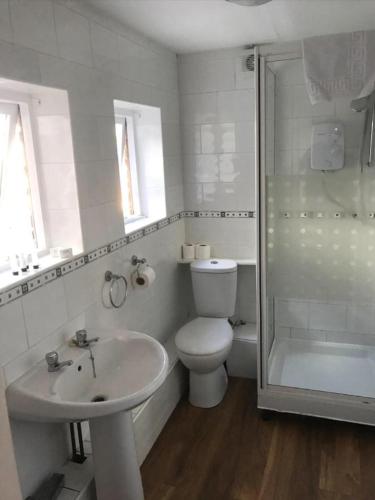 y baño con aseo, lavabo y ducha. en Private room with garden, en Ipswich