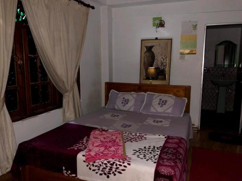 a bedroom with a bed with purple sheets and a window at Hamadhi guest in Haldummulla
