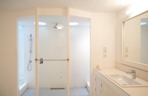 a bathroom with a shower and a sink at De Saram House by Geoffrey Bawa in Colombo