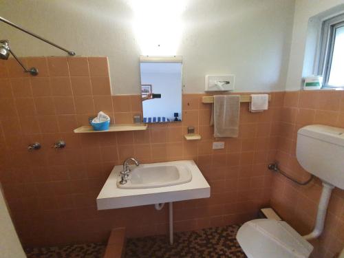 a bathroom with a sink and a toilet and a mirror at Red Chief Motel in Gunnedah