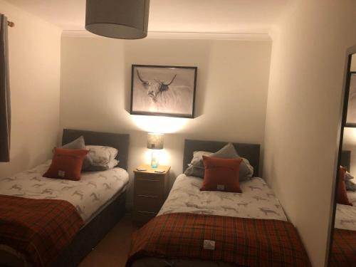 Dormitorio pequeño con 2 camas y lámpara en SOLACE COTTAGE en Bunaveneadar