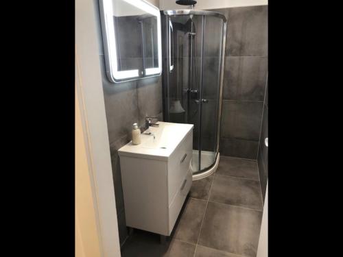 a bathroom with a white sink and a shower at Walzhofer Apartement in Vienna