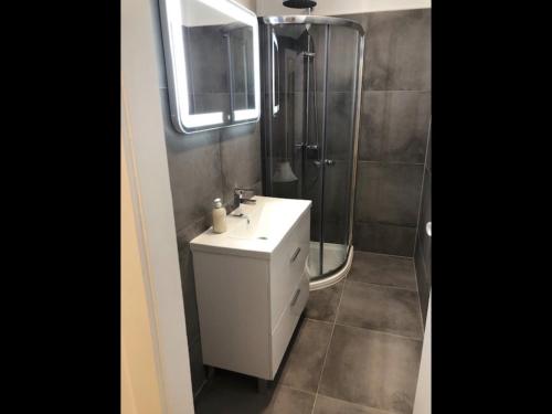 La salle de bains est pourvue d'un lavabo blanc et d'une douche. dans l'établissement Walzhofer Apartement, à Vienne