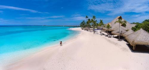 a beach with many straw umbrellas and the ocean at Emerald Maldives Resort & Spa-Deluxe All Inclusive in Raa Atoll