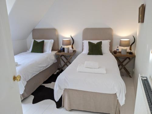 two twin beds in a room with two lamps at Central Hawick spacious stylish flat with log burner in Hawick