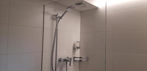 La salle de bains est pourvue d'une douche avec un pommeau de douche. dans l'établissement Appartement Säntisblüte, à Rehetobel