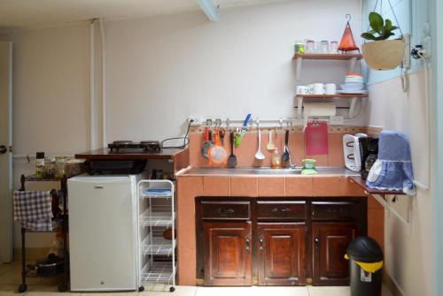 a small kitchen with a sink and a refrigerator at Guesthouse Casa Lapa in Alajuela City