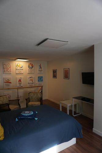 a bedroom with a blue bed and a television at Duplex Rue Haute in Laneuveville-derrière-Foug