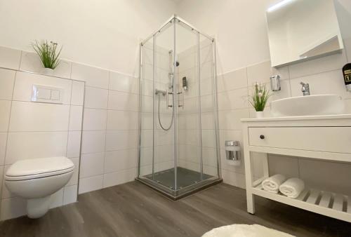 a bathroom with a shower and a toilet and a sink at REGIOHOTEL Quedlinburger Hof Quedlinburg in Quedlinburg