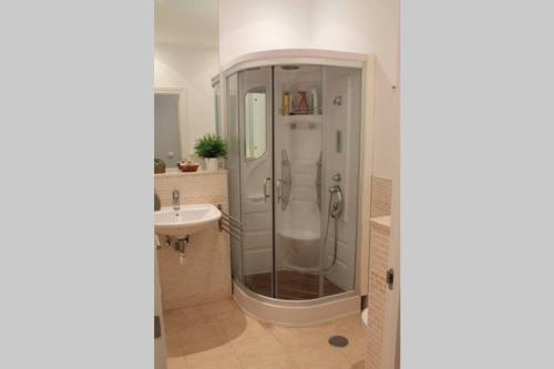 uma casa de banho com um chuveiro e um lavatório. em Bonito apartamento Cádiz centro em Cádiz