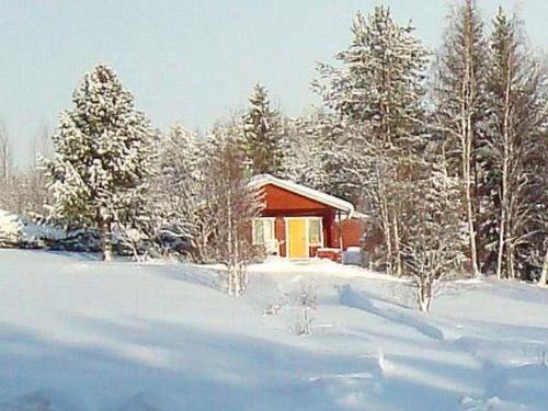 a cabin in the snow in front of trees at Holiday Home Raanumökki 1 by Interhome in Lampsijärvi