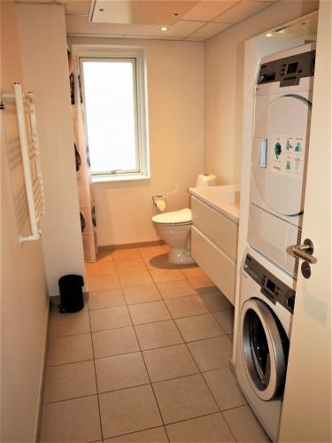 a bathroom with a toilet and a washing machine at Plesners Havnelejligheder in Skagen
