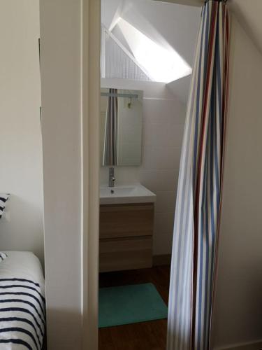 une salle de bain avec un lavabo et un miroir dans l'établissement Maison AN NEIZIG, à l'Île-Tudy