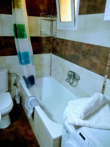a bathroom with a bath tub and a toilet at Argiro's Apartment in Iraklitsa