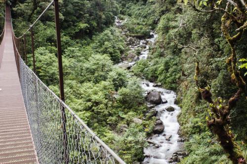 a suspension bridge over a river on a mountain at TREE TREK BOQUETE Adventure Park in Boquete