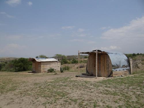 a yurt and a building in a field at biohotel tatacoa Qji in Villavieja