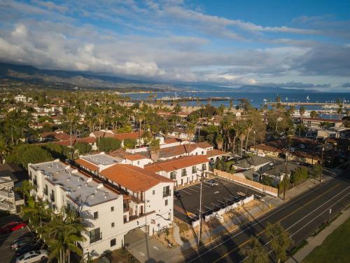 an aerial view of a city with buildings and a street at La Playa Inn Santa Barbara in Santa Barbara