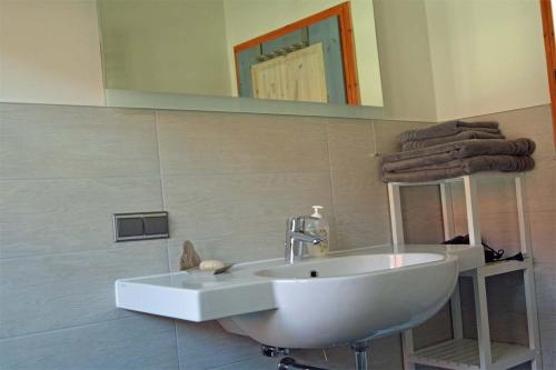 a bathroom with a white sink and a mirror at Dreiseitenhof Radebeul in Radebeul