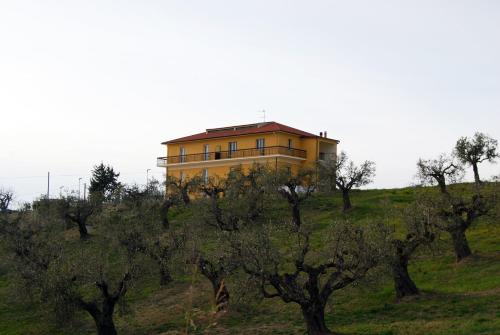 une maison jaune au sommet d'une colline plantée d'arbres dans l'établissement Residence Borgo Offida, à Offida