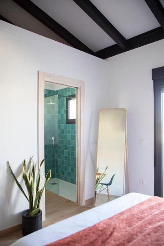 a bedroom with a shower and a pink bed at Alojamiento rural La Moravieta in Pozoamargo