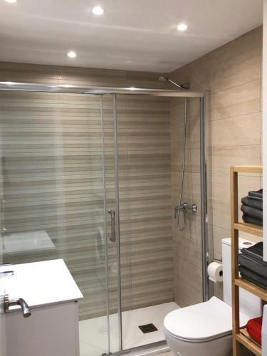 a bathroom with a shower with a toilet and a sink at Victoria luxury beachfront apartment in Benalmadena Costa in Benalmádena