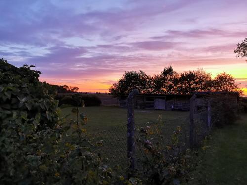 a fence in a yard with a sunset in the background at Reet Landhaus Rügen in Ummanz