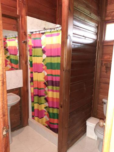 a bathroom with a colorful shower curtain and a toilet at Horizonte del Quindío - Chalet privado - Desayuno Incluido in Quimbaya