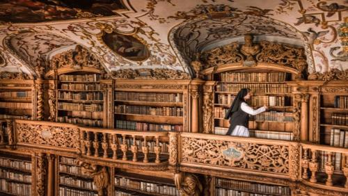 a woman standing on a ledge in a library at Pension Boulevard in Waldsassen