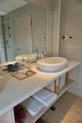 a bathroom with a sink and a large mirror at 阿爾法民宿AlphaVilla in Hengchun