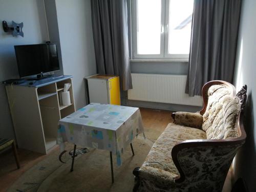 a living room with a couch and a coffee table at Hostel Lisięcice in Lisiecice