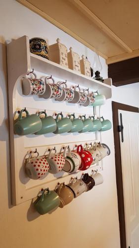 a bunch of pots and pans are hanging on a wall at Chalupa Šárka in Dolni Dvur
