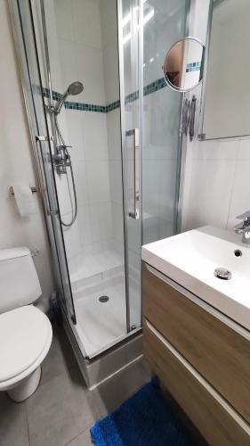 une salle de bain avec une douche, des toilettes et un lavabo dans l'établissement Le Cottage, à Villers-sur-Mer