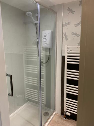 a shower with a glass door in a bathroom at Fox and hounds starbotton in Starbotton