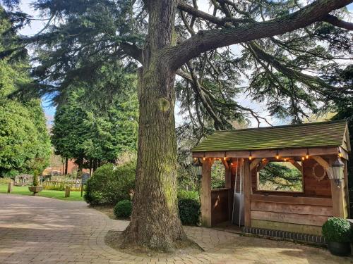a wooden shed with lights next to a tree at Nuthurst Grange Country House Hotel & Restaurant in Solihull