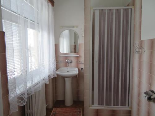 La salle de bains est pourvue d'un lavabo et d'un miroir. dans l'établissement Hotel Lux, à České Budějovice