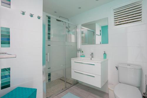 a white bathroom with a shower and a toilet at CAZA TURQUOIZ in Rivière-Salée