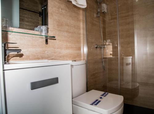 a bathroom with a toilet and a glass shower at Catamarán in Castro-Urdiales