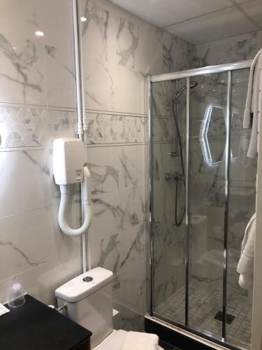 ein Bad mit einer Dusche und einem WC in der Unterkunft Hotel du Dragon in Paris