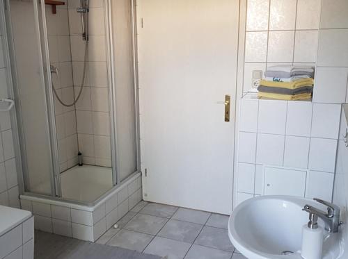 La salle de bains est pourvue d'une douche et d'un lavabo. dans l'établissement Vorbeischauen in Plauen 2, à Plauen