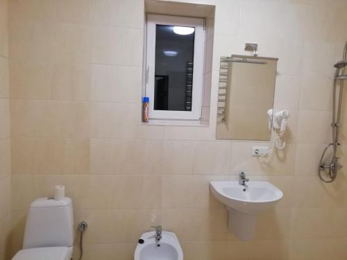 a bathroom with a sink and a toilet and a mirror at Трускавець Апартаменти. in Truskavets