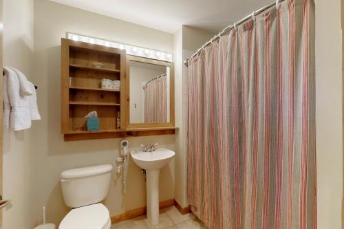 a bathroom with a toilet and a sink and a shower at The Dakota Outpost in Keystone