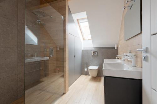 a bathroom with a sink and a shower and a toilet at Discovery Aparthotel in Cluj-Napoca