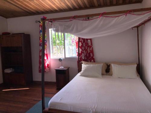 1 dormitorio con cama con dosel y ventana en Villa A.TIA, en Morondava