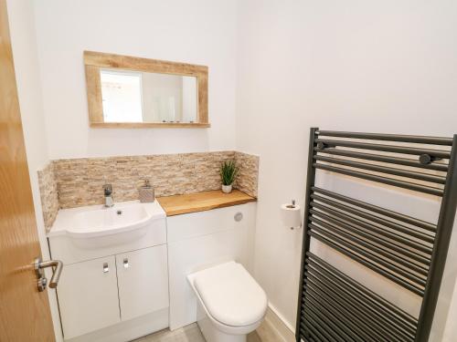 a bathroom with a toilet and a sink and a mirror at Bay View in Holyhead