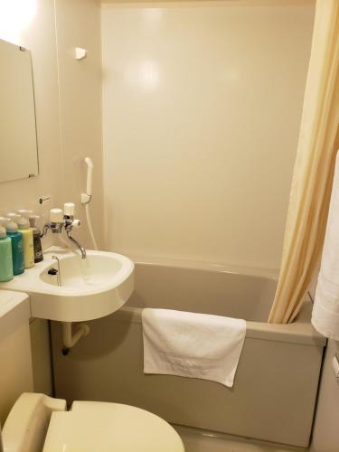 a bathroom with a sink and a toilet and a bath tub at Hotel Route-Inn Komagane Inter in Komagane