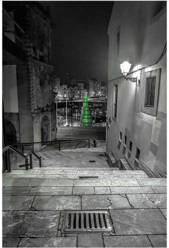 a green christmas tree in a city at night at ALBOR II in Gijón