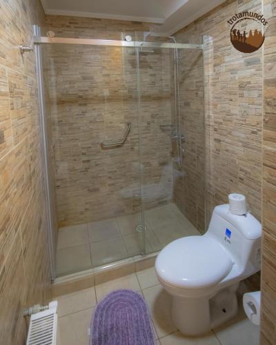 a bathroom with a toilet and a glass shower at Trotamundos in Puerto Natales
