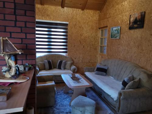 a living room with two couches and a table at Forest Lodge on the Pyramid in Visoko
